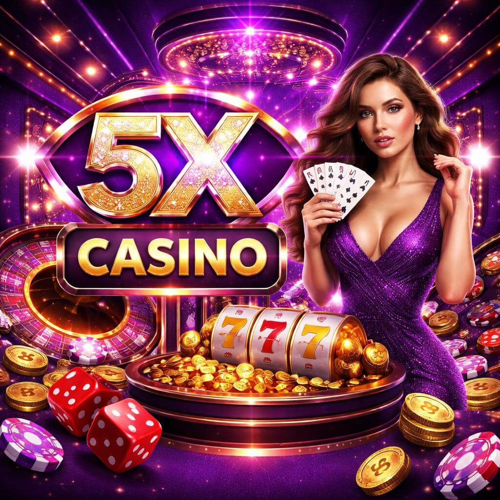 5X casino homepage showing premium slot titles live dealer action and fast lobby navigation